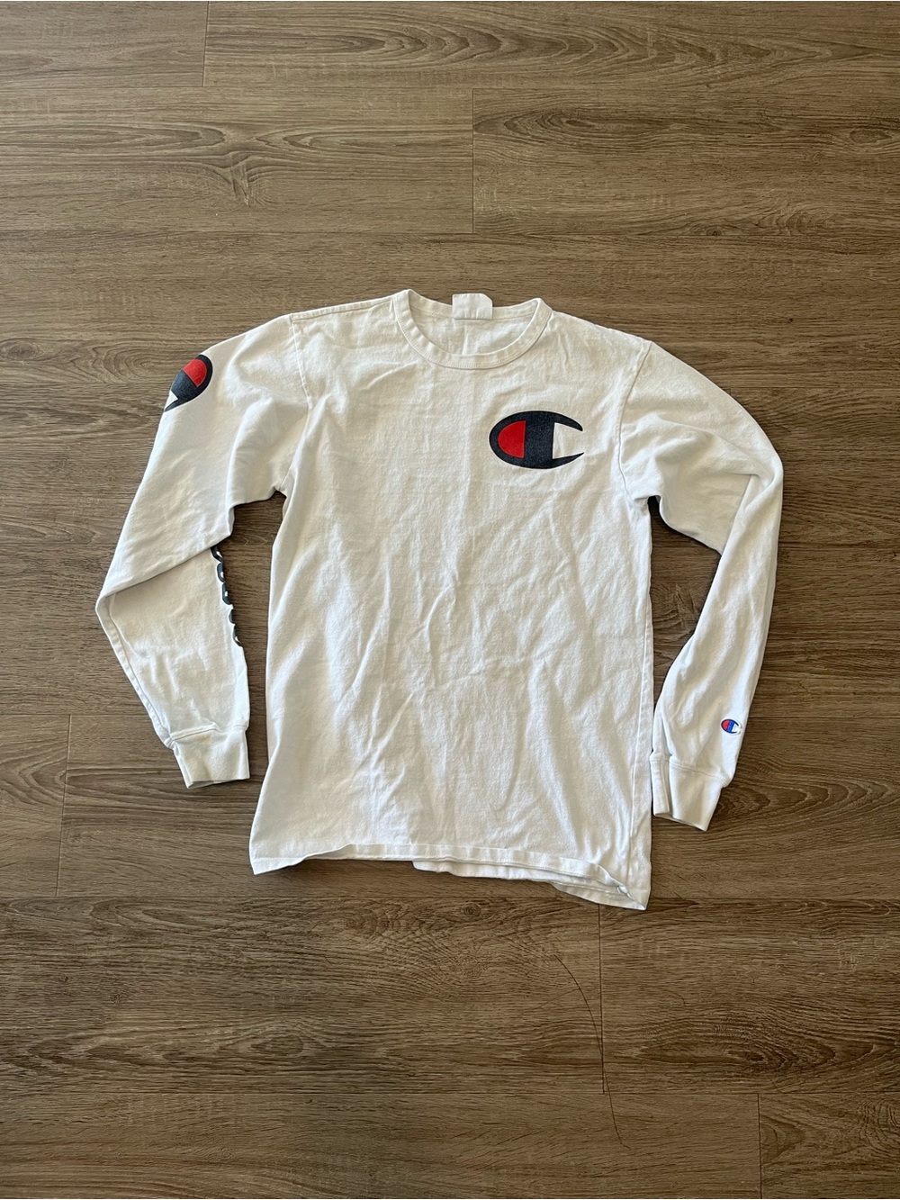 Vintage Champion Long Sleeve Shirt Mens Small White Big C Logo Spellout Tee